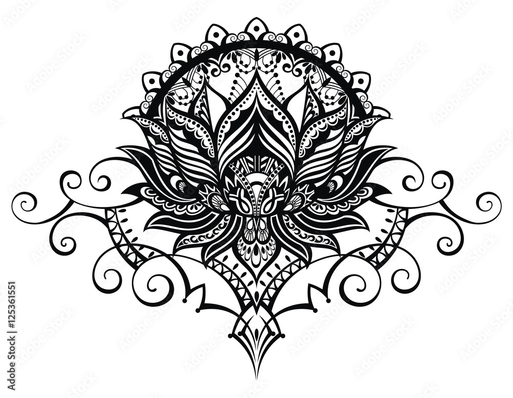 Vector ornamental Lotus flower, ethnic art, patterned Indian paisley