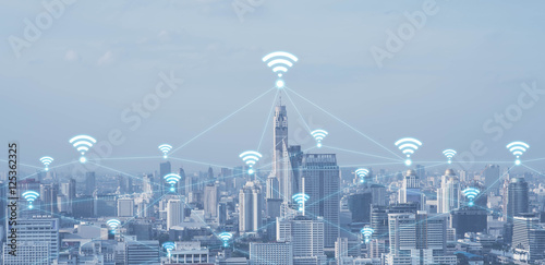 Blue high-tech tone of cityscape conneted line with wifi sign, t