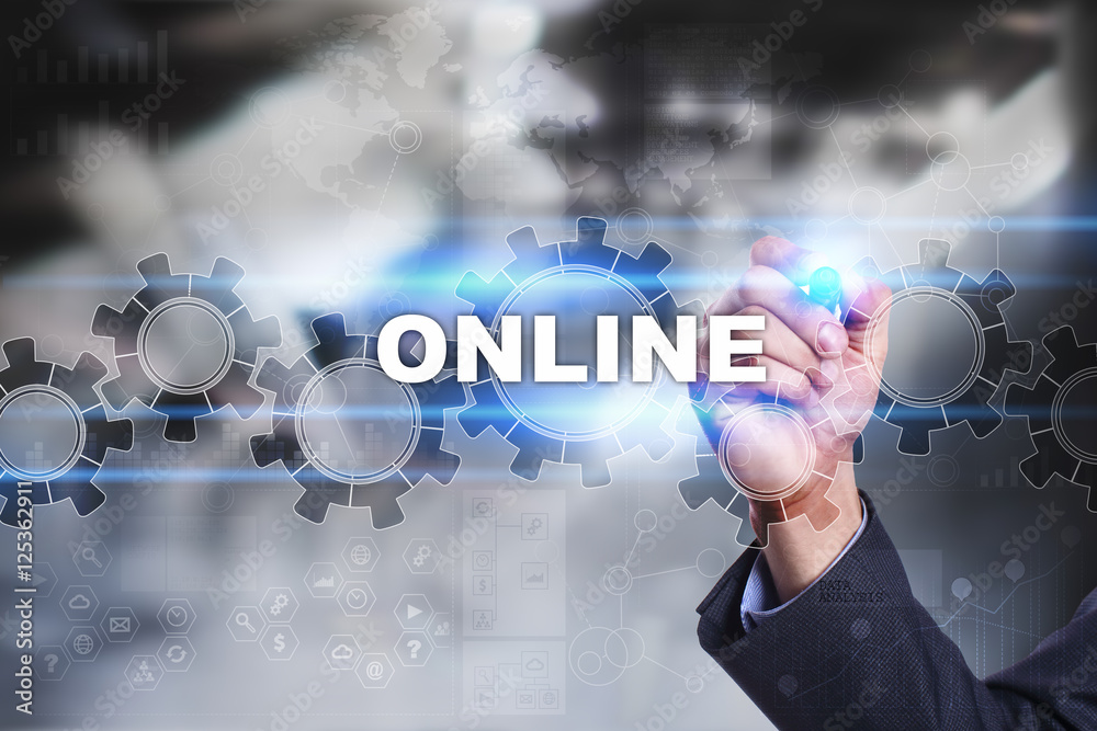 Businessman is drawing on virtual screen. online concept. Businessman is drawing on virtual screen. online concept.