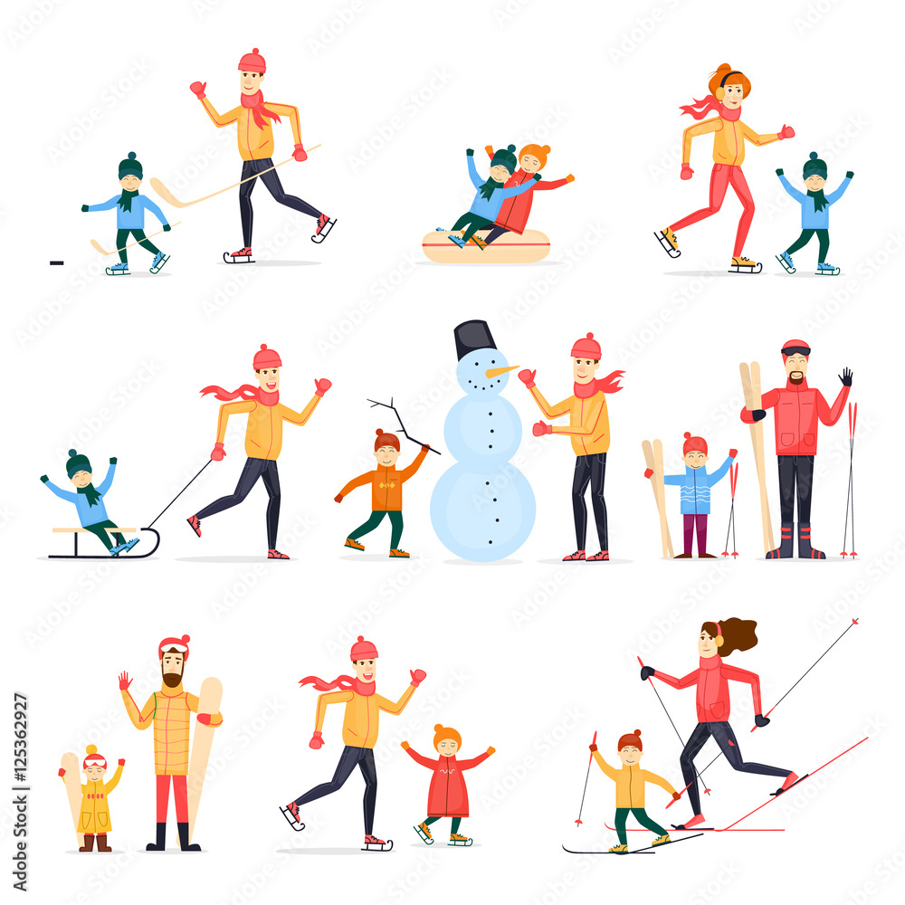 Winter sports with adult children. Family outdoors in winter. Skiing, skating, snowboarding, hockey. Snowman. Characters. Flat design vector illustration.