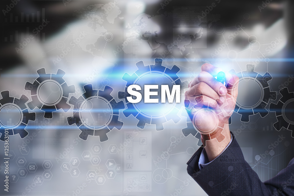 Businessman is drawing on virtual screen. sem concept. Businessman is drawing on virtual screen. sem concept.
