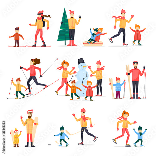 Winter sports with adult children. Family outdoors in winter. Skiing, skating, snowboarding, hockey. Snowman. Characters. Flat design vector illustration.