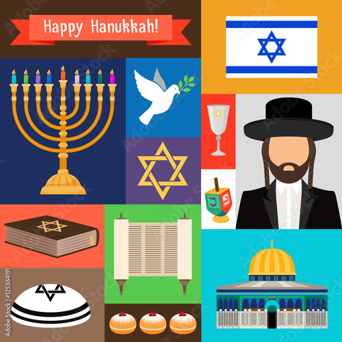 Jewish and judaism icons. Israel star and rabbi, synagogue and torah signs. Vector illustration