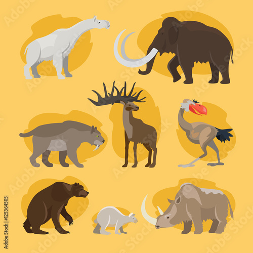 Prehistoric animals. Vector cartoon ancient mammal ice age extinct animal set like mammoth and cave lion