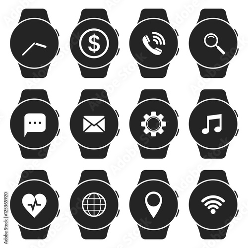 Smartwatch icon set with different apps. Different smart watch screens with applications and notification. Vector isolated illustration.