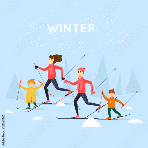 Family skiing. Winter sports. Flat design vector illustration.