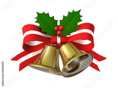 Christmas bell ribbon holly, 3D illustration