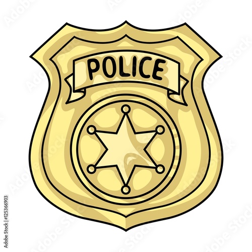 Police officer badge icon in cartoon style isolated on white background. Crime symbol stock vector illustration.