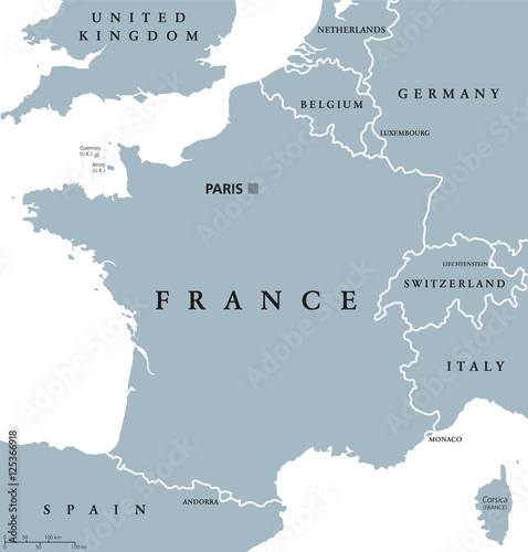 France political map with capital Paris, Corsica, national borders and neighbor countries. Gray illustration with English labeling and scaling on white background. Illustration.