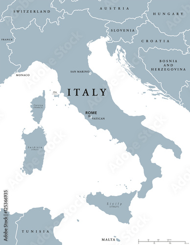 Italy political map with capital Rome  with national borders and neighbor countries. Gray illustration with English labeling and scaling on white background. Illustration.