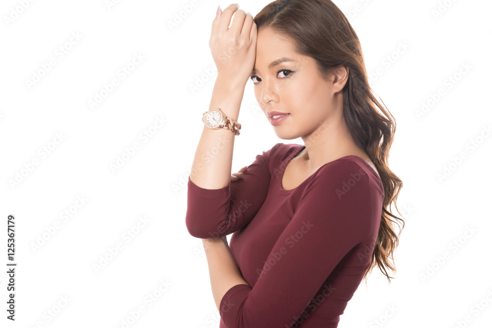 beautiful young asian woman with long hair posing in casual clothes and wearing a wrist watch on isolated background beautiful young asian woman with long hair posing in casual clothes and wearing a wrist watch on isolated background