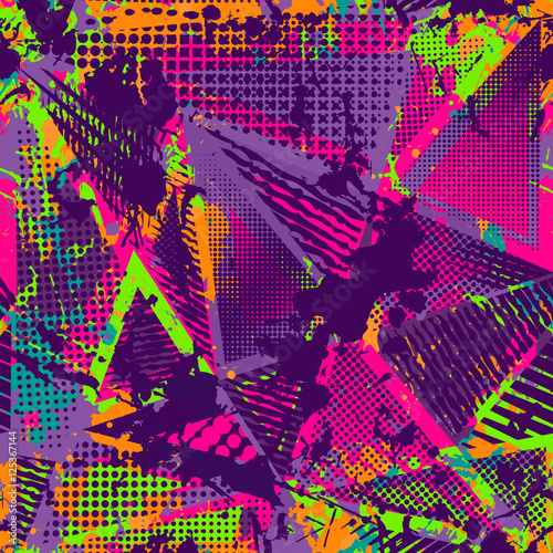 Abstract urban seamless pattern. Grunge texture background. Scuffed drop sprays  triangles  dots  neon spray paint  splash. Urban modern dirty dark wallpaper. Fashion textile  sport fabric torn style