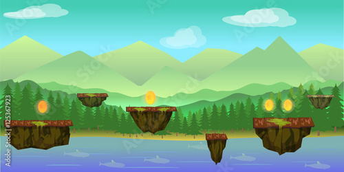illustration of mobile app game landscape level background, elements, buttons, coins,