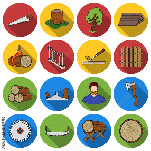 Sawmil and timber set icons in flat style. Big collection of sawmill and timber vector symbol stock illustration photo