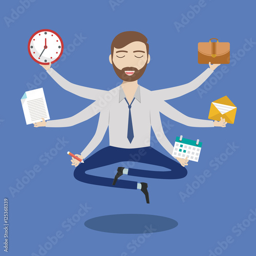 Businessman with multitasking and multi skill. Keep calm. Business concept. Flat design