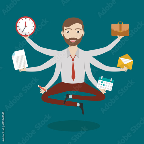 Businessman with multitasking and multi skill. Keep calm. Business concept. Flat design