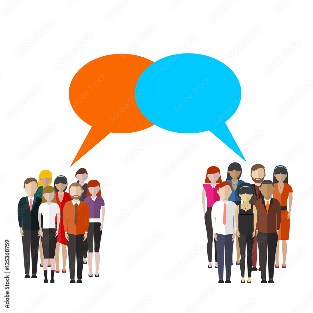 Vettoriale Stock Opinion poll flat illustration of two groups of people and  speech bubbles between them | Adobe Stock