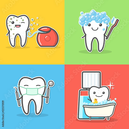 Set of cartoon teeth care and hygiene concepts.