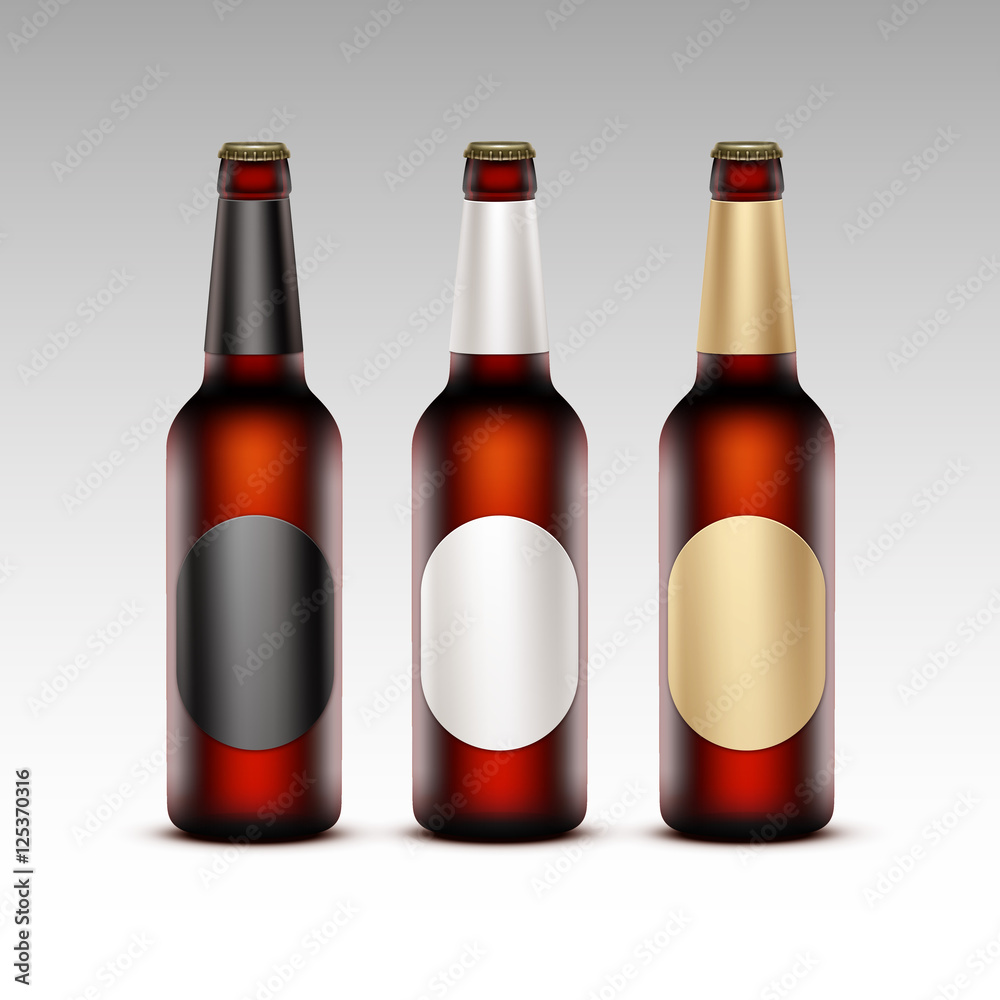 Set of Glass Transparent Brown Bottles Red Beer with labels Set of Glass Transparent Brown Bottles Red Beer with labels