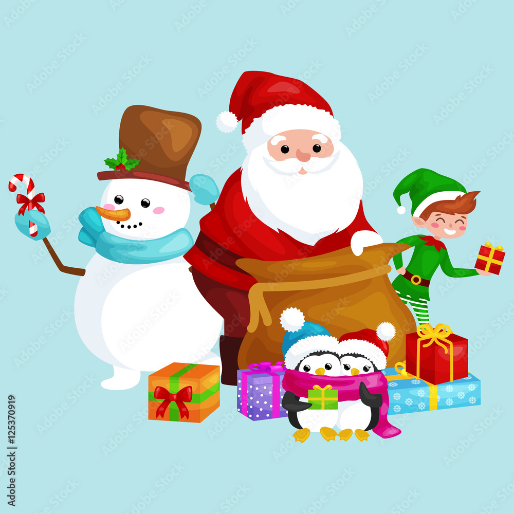 Santa Claus sack full of gifts, snowman candy, decoration ribbons, penguins with presents and elf Vector illustration Merry Christmas and Happy New Year