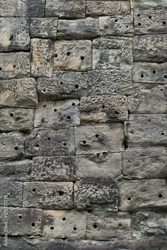 Mortarless stone block wall, Angkor Thom, Siem Reap, Cambodia