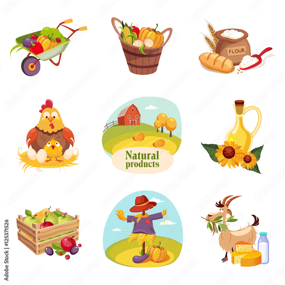 Farm Products And Animals Set Of Bright Stickers