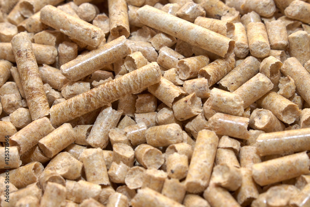 Wood pellets in the background. Biofuels. Cat litter. 