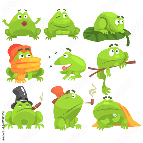 Green Frog Funny Character Set Of Different Activities