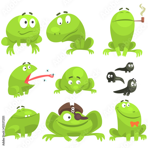 Green Frog Funny Character Set Of Different Emotions