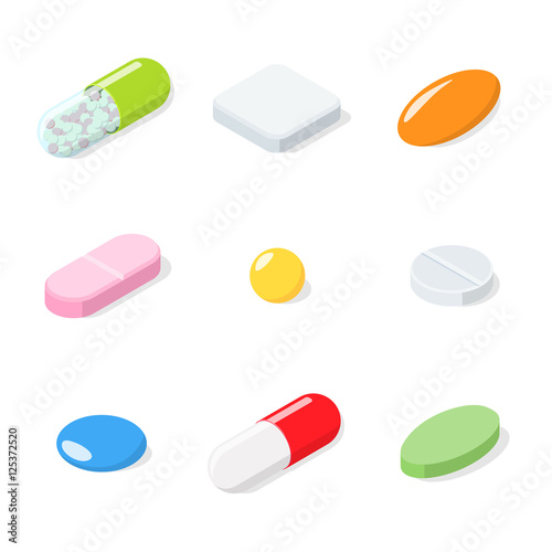 Set of different medical pills, tablets, capsules.