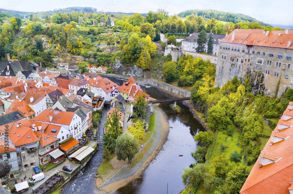 Aerial view over the old Town of Cesky Krumlov, Czech Republic