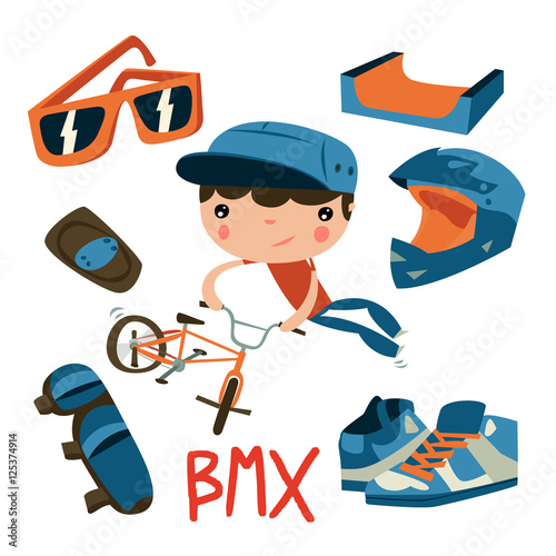 bmx boy equipment set. cute cartoon vector character.