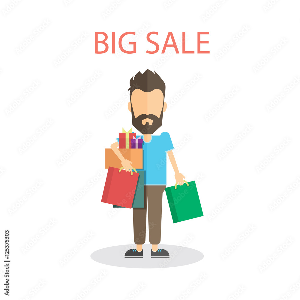Big sale concept. Isolated man with many colorful shopping bags standing on white background. Big sale concept. Isolated man with many colorful shopping bags standing on white background.