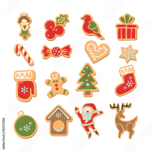 Christmas cookies set. Isolated ginger cookies with decoration on white background. Sweet and delicious holiday gift. Santa, Christmas tree, deer, toys and more.