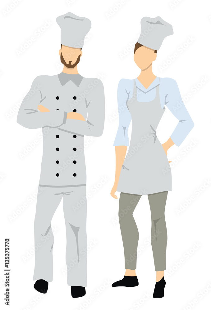 Isolated professional chefs on white background. Male and Female chefs in white uniform and chef hats. Isolated professional chefs on white background. Male and Female chefs in white uniform and chef hats.