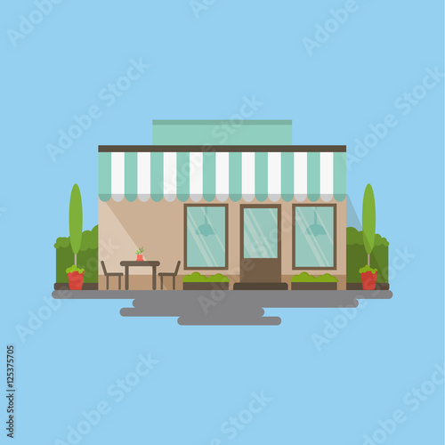 Fototapeta Naklejka Na Ścianę i Meble -  Isolated cafe storefront on blue background. Beautiful facade of building with windows, plants and doors. Idea of shops, cafes, restaurants and more.