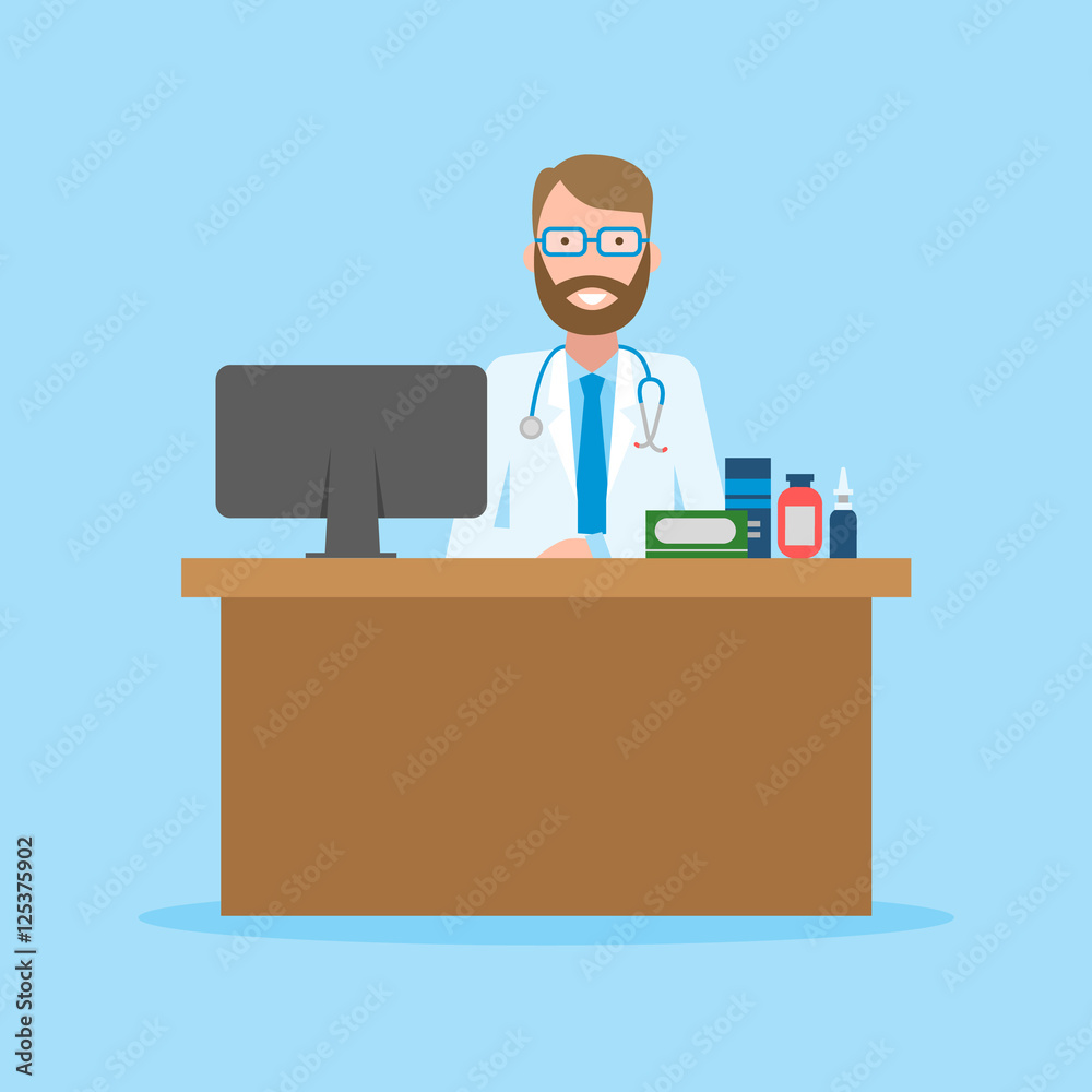 Doctor in the cabinet. Funny smiling male doctor sitting in the medical cabinet. Medical treatment, first aid. Doctor in the cabinet. Funny smiling male doctor sitting in the medical cabinet. Medical treatment, first aid.