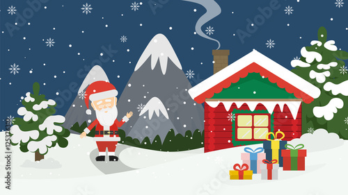 Santa at home. Beautiful scene of Santa Claus near christmas house in snow. Winter landscape with mountains and snow.