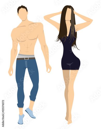 Isolated professional models on white background. Male and Female models half naked with athletic sexy bodies.
