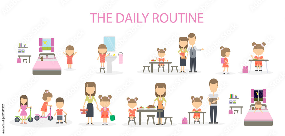The daily routine of a girl. Set of domestic chores and activities. From morning till night.