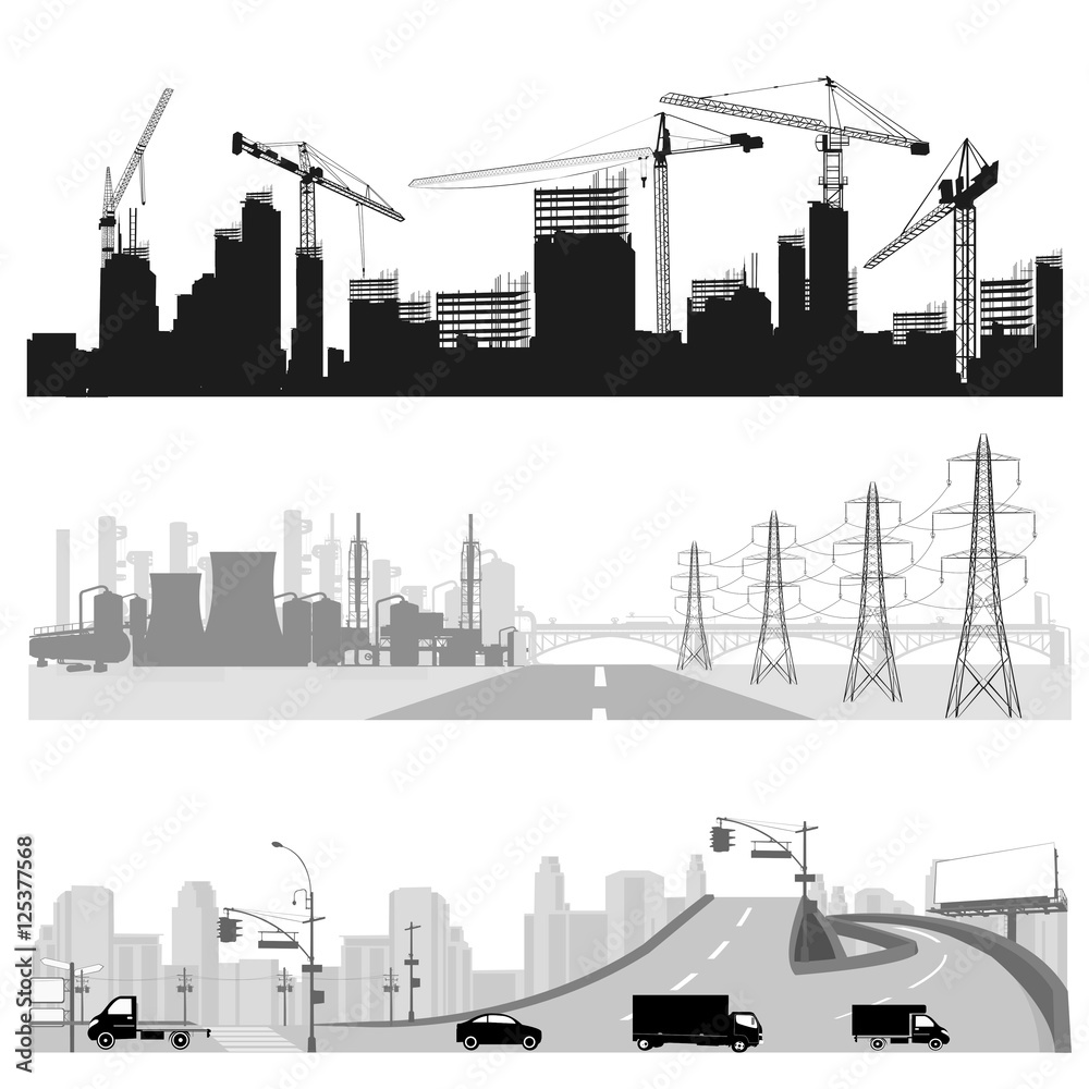Vector illustration.City traffic.Bridge highway and city skyline silhouette Vector illustration.City traffic.Bridge highway and city skyline silhouette
