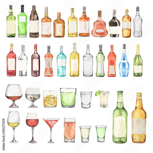 Watercolor alcohol set. Many bottles and glasses on white background. Wine  liquor  champagne and beer.