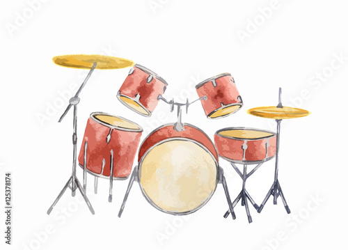 Watercolor drum set on white background. Rock band equipment.