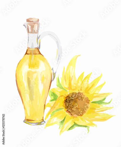 Watercolor sunflower oil bottle with sunflower on white background
