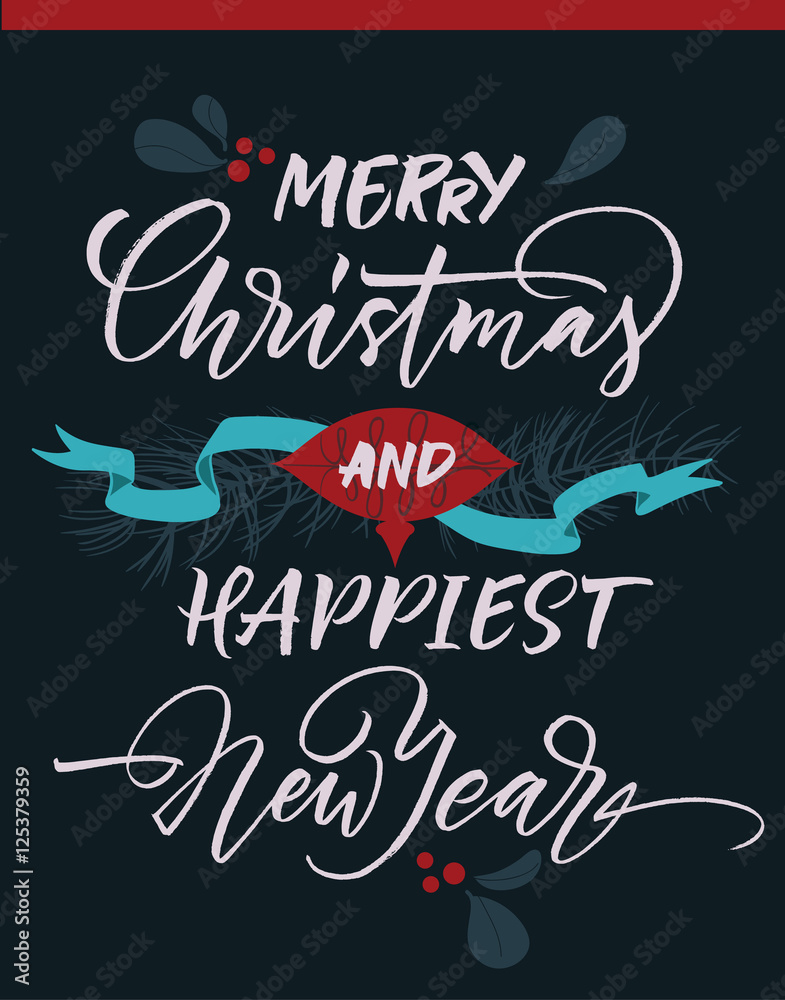 Merry Christmas and happiest New Year greeting card with Christmas decorations.  