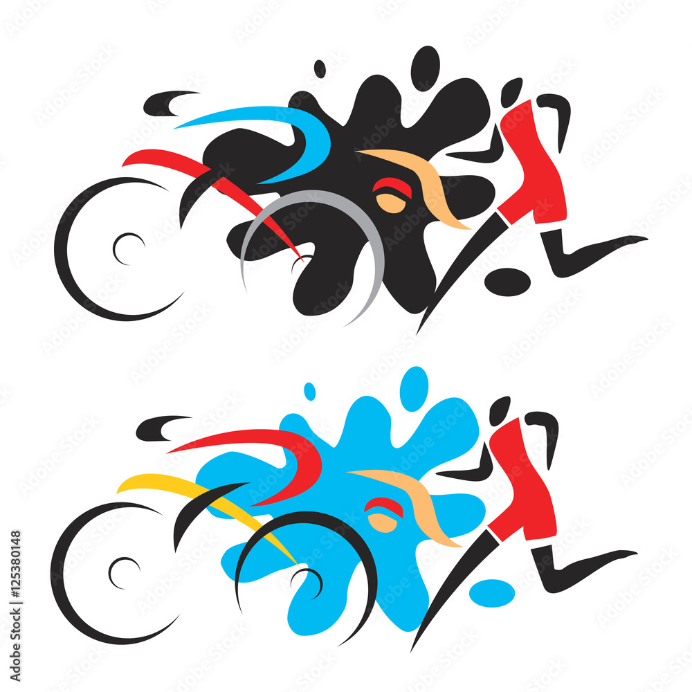 Triathlon race. Stylized drawing of Three triathlon athletes. Vector ...