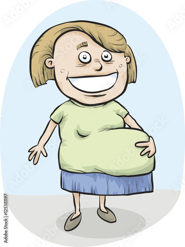 A happy, cartoon pregnant woman nearing the end of her term.