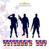 Veterans Day, illustration, three soldiers, letters to the US flag style background gray, different stars.