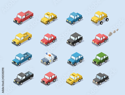 Vector isometric set of city passenger transport, car, taxi, police, minivan, cat with exhaust, 3D flat design, cartoon cute car icons

