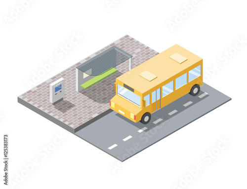 Vector isometric illustration of bus station with ticket sell terminal, city public transport road element, 3d flat design, school bus icon